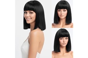 ‎SIMKAYLEE SIMKAYLEE Kurze Glatte Schwarze Bob Perücke mit Pony Damen Kurz Gerade Bob Schwarz Perrücke für Frauen Schulterlänge Perücken für Karneval Fasching Motto Party Halloween Cosplay Weihnachten (30cm)