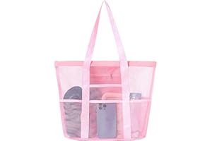 RJFUJP Mesh Beach Bag for Women, Foldable Waterproof and Sandproof Mesh Handbag, Large Pool Tote Bag for Beach Gym School Shopping Swimming Travel and Daily（Pink）