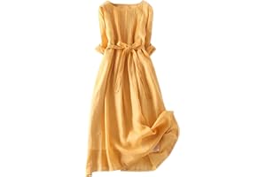 Zeiayuas Vintage Linen Dresses for Women UK Cotton Linen Maxi Dresses Lace Up Round Neck Half Sleeve Dress Pleated Boho Beach Holiday Dresses Summer Casual Tunic Dress Elastic Waist Tie Long Dress