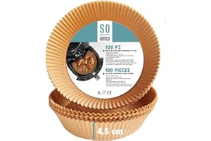 SO GOODS So Homey - Carta Forno per Friggitrice Ad Aria Antiaderente (100Pcs - 16Cm), Accessori friggitrice ad aria, carta tonda Monouso, Carta per Friggitrice ad Aria Impermeabile e Resistente fino a 220 °C
