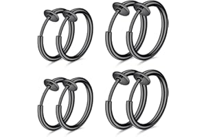 WKRTDY Set di 4 paia di orecchini finti senza buco in acciaio inossidabile per uomo, donna e bambina, Orecchini clip, cerchio, anello ear cuff, per creare un look moderno e senza piercing, nero
