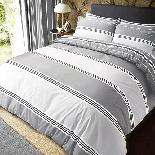 New Banded Stripe Grey duvet cover &amp; pillowcase set bedding quilt (single) (Single: 135cm x 200cm)