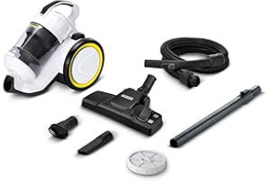 Kärcher Aspiradora de Trineo VC 3, compacta, depósito 0,9 l, Rango de acción 7,5 m, Filtro HEPA 12, Manguera telescópica, 2 boquillas, Cepillo móvil, Filtro, Manguera de aspiración 1,5 m, Blanco