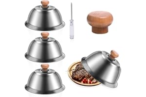 4 Pièces Acier Inoxydable Hotte de Hamburger 16 x 9 cm Cloche de Hamburger Cloche à Chaleur avec Manche en Bois Tournevis pour Cuisiner Hamburgers, Barbecue, Bacon