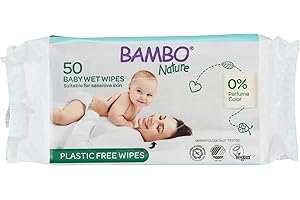 Bambo Nature Plastic-Free Wet Wipes (1x 50), Newborn Essentials, Eco-Labelled Baby Wipes, Gentle and Soft, Moisturising, Skin-Friendly, Plastic-Free, Baby Essentials