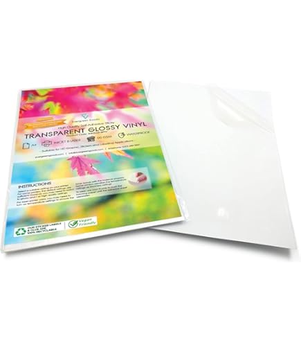 Evergreen Goods Glanzende doorschijnende A4-stickerpapier, 20 vellen, waterdicht, inkjetprinter en laser afdrukbaar | Semi-transparante zelfklevende vinyl-PVC-sticker, met lage dekking, geschikt voor