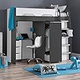 High Sleeper Storage Bed, Happy Beds Pegasus Grey Wood Modern Desk Wardrobe Drawers Cupboards Loft Bunk Frame - 3ft Single (90 x 190 cm) with Orthopaedic Mattress Included