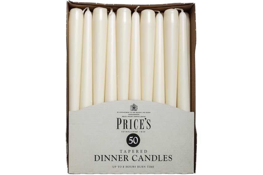 Price's Candles Tapered Dinner Candles Ivory Unscented Wax Pack of 50 | 7 Hour Burn Time Elegant Long Candles for Home Decor, Events, Celebrations & Dining