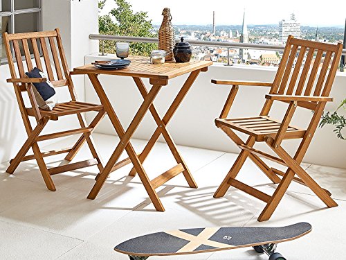 SAM® Robuste Gartengruppe Chile 3tlg., aus Akazienholz, bestehend aus 1 x Tisch + 2 x Klappstuhl, geölt, Garten-Tischgruppe, schöne Maserung, massives Holz, klappbar, Sitzgruppe aus Akazien-Holz