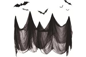 HOTCHAM Decorazione ragnatela pipistrello Halloween 200x85 pollici grande Halloween tessuto nero con 36 pipistrelli, raccapricciante tessuto Windows Door Cover garza per Halloween Party Haunted House Decor