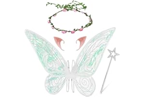 BLUELVES Ali da Fata Bambina Donna, Ali Farfalla con Orecchie da Elfo Corona Fiori Bacchette di Fata, Costume Ali da Fata Farfalla per Accessori Halloween Carnevale Feste Cosplay Bambini Adulti (Bianco)