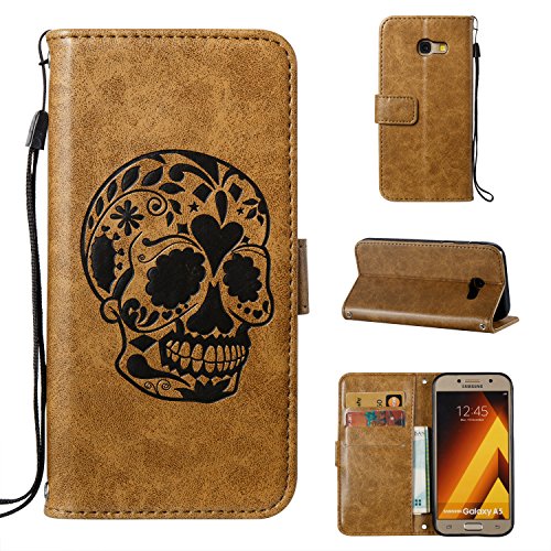 Samsung A520/Galaxy A5(2017) Case,Samsung A520/Galaxy A5(2017) Case Leather ,Samsung A520/Galaxy A5(2017) Case Wallet - Cozy Hut Cool Skull head Pattern Design PU Leather Notebook Design Flip Cover Folio Inlaid Inner Soft TPU Case with [Card Slot] [Built Stand] [Magnetic Closure][Wallet Function] Protective Skin Durable Case for Samsung A520/Galaxy A5(2017) Model - coffee