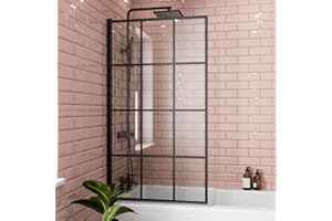 LUXURA® 1400 x 800mm Black Square Grid Over Bath Shower Screen Door 6mm Clear Toughened Safety Glass Panel 180° Pivot Bathroom Hinged Framed Bath Screens