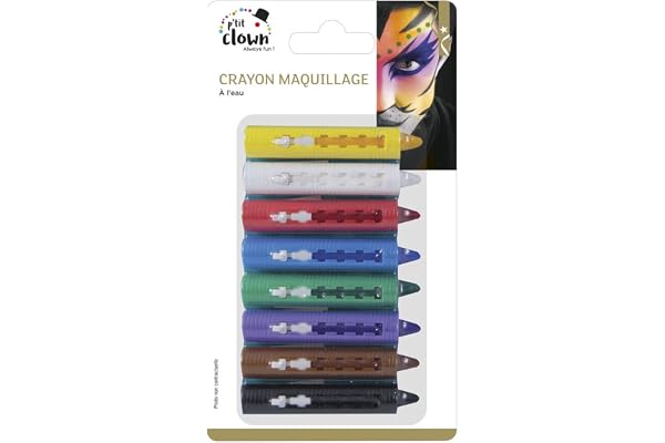 P'TIT CLOWN - 81087 - Crayon Maquillage à l'Eau - Blister de 8 - Make-up - Enfant - Adulte - Peinture Visage - Lavable - Non Toxique - Halloween, Carnaval, Anniversaire, Cosplay, Kermesse