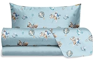 hermet Jolly, Set Lenzuola Letto Singolo Teddy Bear Azzurro, 100% Cotone, Lenzuolo Sopra + Lenzuolo con Angoli + Federa, Completo Letto Orsetto Cameretta