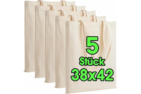 ELES VIDA Lot de 5 Sacs en Coton Non imprimés 38 x 42 cm, à bandoulière, Sac en toile, ÖKO-TEX®, Sac à provisions, à provisions