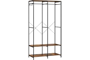 SONGMICS Armoire Vêtements Portable, Penderie Métal Pliable, Étagères de Rangement avec Tringle, Crochet Amovible, 40 x 94,5 x 180 cm, Marron Rustique RGR004B01
