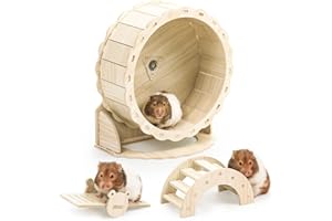 Episkey Hamster Wheel 23cm, Wooden Silent Exercise Wheel with Bridge and Seesaw, Pet Sport Exercise Toys Hamster Cage Accessories for Dwarf Hamsters Gerbils Rat Small Animal