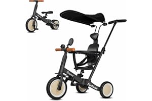 BRONEA® 5-in-1 Dreirad ab 1 Jahr mit Schubstange | Wächst mit Ihrem Kind vom Kinderdreirad bis Laufrad | Mit Gurt, Dach & Zubehör wie Getränkehalter, Spiegel, Klingel (Grau)