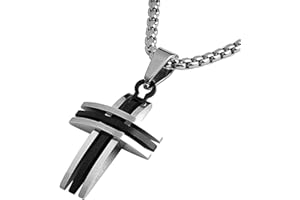 DonDon Collier Homme en Acier Inoxydable Pendentif Croix incurvée bicouleur argenté 52 cm et Pochette en Velours