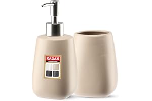 KADAX Set da bagno da 2 pezzi in ceramica, accessori da bagno, dispenser di sapone, bicchiere da bagno, portasapone e scopino WC (bicchiere e dispenser beige) (K8180)