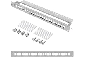 hb-digital 24 Port Patchpanel Verteilerfeld Patchfeld Modular für RJ45 Keystone Module 19 Zoll CAT 5 CAT 6 CAT 7 für Netzwerkschrank LAN Professional TIA568A TIA568B Switch Erdungskabel - Hellgrau
