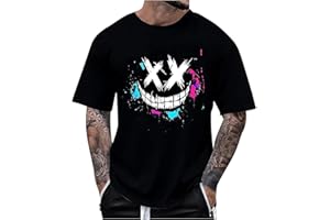 RUMAOZIA Herren Oversized T-Shirt Bedruckt Aufdruck Creepy Smile Sneaky Print Retro Tops Streetwear Bequeme Sport Tee Y2K Männer T-Shirts Sommer Kurzarm T Shirts Y2K Schwarz Gym Oberteil