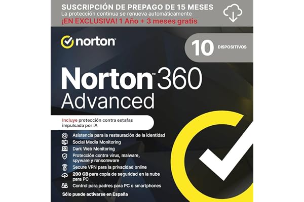 Norton 360 Advanced 2026 │ 10 Dispositivos │ 15 meses renovación automática │ Social Media, Dark Web Monitoring y VPN │ Código por email