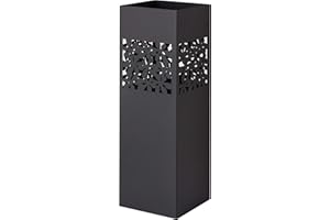 Baroni Home Paragüero Cuadrado de Metal con Incrustación Rectangular de Flores, Medidas 15,5x15,5x49 cm con Gancho y Bandeja Recogegotas Extraíble, Negro