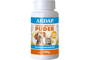 ‎ARDAP ARDAP Zecken und Floh Puder 150g - Für Hunde und Katzen - Zum Einstreuen in das Fell - Schützt sofort und zuverlässig vor Flöhen, Zecken, Läusen, Milben und anderen Schädlingen (PT19)