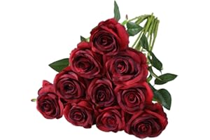 Nubry künstliche Seidenrose Blume einzigen Stiel lebensechte gefälschte Rose für Hochzeit Blumenstrauß Blumenarrangements Home Party Centerpiece Dekoration, 10pcs (Gradient dunkelrot)
