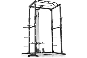 ‎FITENGINE FitEngine Power Rack | Power Cage mit Latzug, Kabelzug, Dip-Station + Klimmzugstange | Variabel einstellbare Spotter für Langhantel