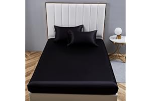 Boqingzhu Satin Spannbettlaken 180x200cm Schwarz Uni Seide Spannbetttuch Microfaser Bettlaken für bis 30cm Matraze