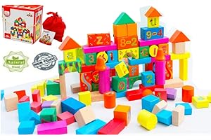WY8 100 pcs Wooden Building Blocks Construction Building Toys Alpha Number Blocks Set Stacking Bricks Board Games Educational Montessori Toy for 3 years+ kids