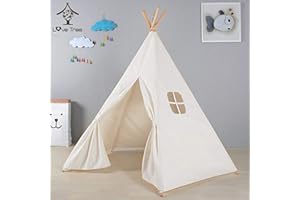 Jodimitty Teepee Tent for Kids Indoor Outdoor Play Tents 120x120x160cm Foldable Cotton Canvas for Girls Boys, Window Lanyard Design Childrens Tents with Carry Bag & Decorative Flags(White)