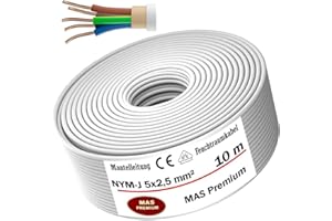 MAS Premium Feuchtraumkabel Stromkabel 5-170m Mantelleitung NYM-J 5x1,5, 2,5, 4, 6, 10 oder 16 Elektrokabel Ring für feste Verlegung (NYM-J 5x2,5 mm², 10m)