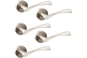 JDEL Lote de 5 juegos manivelas para puertas de interior, para puerta de paso con roseta de 50 mm, Aluminio, Níquel satinado.