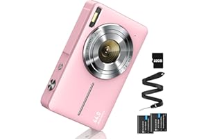 CAMKORY Aparat cyfrowy 44 MP FHD 1080p z kartą 32 G, aparat cyfrowy z baterią, prosty przenośny zoom cyfrowy 16 x, dla dzieci, nastolatków, studentów, seniorów, początkujących (różowy)