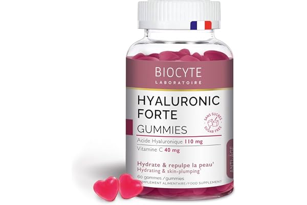 BIOCYTE Hyaluronic Forte Gummies - Complément Alimentaire Hydratant & Repulpant - A base d'Acide Hyaluronique, Vitamine C et Vitamine B3-60 Gummies - Programme de 30 Jours