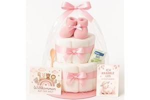 ‎HOMERY Windeltorte Mädchen 2 stöckig in Rosa mit Babysocken, Geschenke zur Geburt für die Mutter, Taufe oder Baby-Party - Geschenkidee mit neugeborene Windeln - Inklusive Glückwunschkarte
