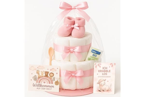 Gâteau de couches pour fille, 2 étages, rose, avec chaussettes, cadeaux de naissance pour mère, baptême ou fête prénatale, idée cadeau avec couches nouveau-nées, carte de vœux incluse