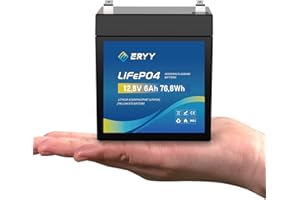 ERYY LiFePO4 Batterie 12V 6Ah, 4000+ Zyklen Mini-Lithiumbatterie mit 8A BMS, Leichte wiederaufladbare Freizeitbatterie für Camping, Solarenergiespeicher, Überwachungskameras, Fischfinder, Router