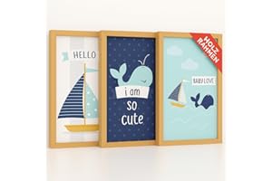 LENI LOTTE KINDERBILDER MIT HOLZRAHMEN | AUFHÄNGFERTIG | Bilder Kinderzimmer Deko Junge Babyzimmer Deko Mädchen Jungen Baby Zimmer Dekoration Kleinkinderzimmer Poster 3er Set Wandbilder A4 30x21 - KB04