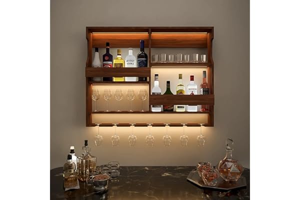 ODEJIA Wooden Wall Mounted Wine Rack, Bar Cabinet with Glass Storage, Wall Hanging Mini Bar for Home Wine Rack/Holder Upside Down Glass Hanging Organizer Size 30 x 24 Inch (Rosewood) (Natural)