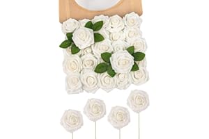 ‎N&T NIETING N&T NIETING Künstliche Blumen Glitter Rose, 25 Stück Gefälschte Rosen Blumen mit Stängeln Real Touch Faux Schaum Rosen für Hochzeit Sträuße Party Büro Baby Dusche Home Weihnachtsdekoration (Weiß)