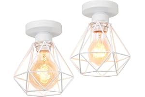 TOKIUS Lámparas de Techo Retro Plafón Ø 16cm Vintage Lámpara Colgante Diseño de Jaula de Hierro Blanco E27 Iluminación de Techo de Interior para Pasillo Porche Cocina Dormitorio (Plafon - 2 Piezas)