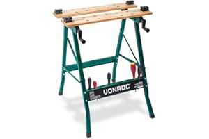 Vonroc Établi Pliant - Plan de Travail en Bambou - Compact et Robuste - Support de Rangement en Acier - Charge Maximale 150kg - Multifonctionnel, Établi, Tréteau, Étau ou Chevalet