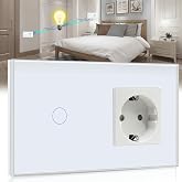 BSEED Touch Switch With Plug - 1 Gang 2 Way, 16A 250V, Tempered Glass Panel, Schuko Plug White