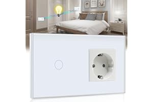 BSEED Interruptor Táctil Con Enchufe - 1 Gang 2 Vías, 16A 250V, Panel de Vidrio Templado, Schuko Enchufe Blanco