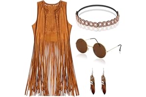 YADODO Hippie Kostüm Damen Set Fransen ärmellos Weste Hippie Kleidung 60er 70er Jahre Bekleidung Damen Mädchen Disco Outfit Cowgirl Kostüm Braun Weste Bolero Karneval Faschingskostüme Frauen M